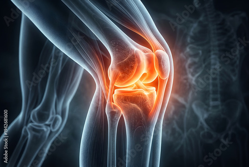 Medical xray of human knee joint with glowing orange inflammation, detailed bones and ligaments, vital for Knee Pain Relief.