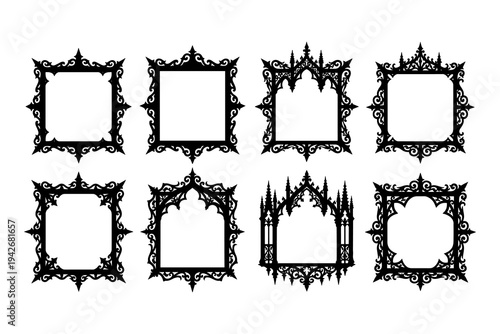Intricate gothic style decorative square and circular frames, vintage ornament designs