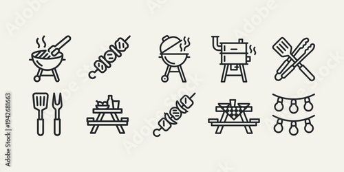 Outdoor BBQ and Summer Picnic Line Icons