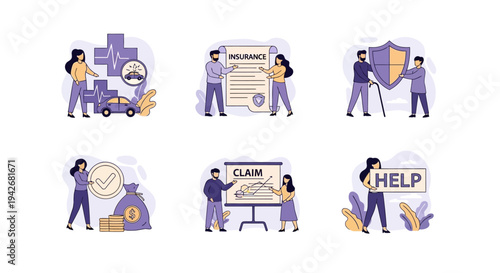 Six vignettes showing insurancerelated concepts with stylized people figures