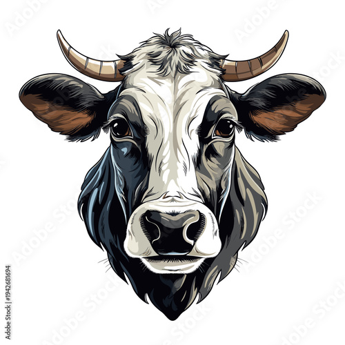 A majestic brown and white bovine bull with sharp horns stands in a rural farm pasture, representing a powerful portrait of livestock and dairy cattle in a natural green grass field