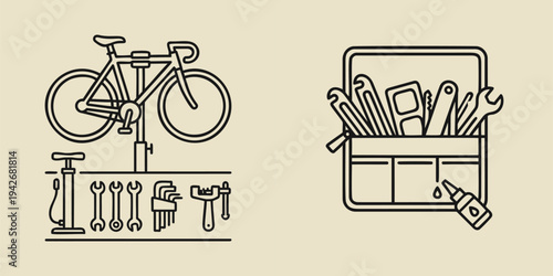 Bicycle Repair Workshop and Cycling Maintenance Tool Icons