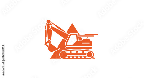 Orange Excavator Machine Icon on White Background.