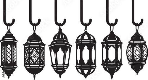 Black and white hanging lanterns in a row illustration