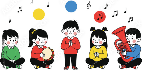 Children playing musical instruments, colorful clothes, music education illustration, tambourine and tuba, kids performance, arts learning, joyful classroom activity