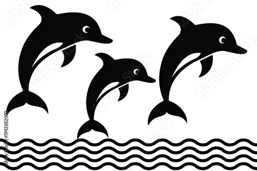 Jumping Dolphin Silhouette on sea wavy, Silhouette of 3 dolphins jumping into the sea. Dolphins jumping silhouette vector illustration.