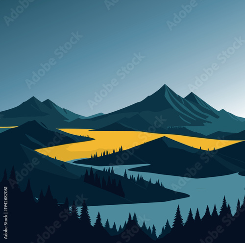 A scenic mountain landscape vector illustration featuring snow peaks under a cloudy sky at sunrise with a forest and lake view