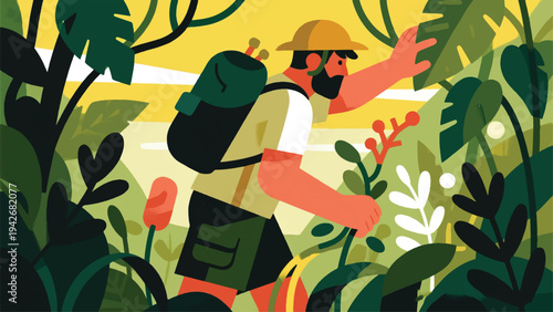 Illustration Of An Adventurer Walking Around Bushes And Wild Plants Vector Design Template