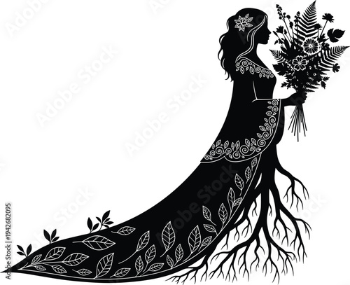 Woman silhouette with floral bouquet, nature roots dress, botanical harmony art, black white illustration, eco design, symbolic feminine connection