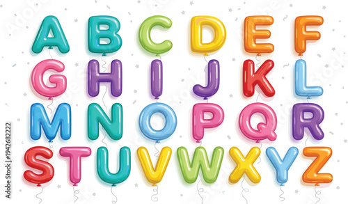 Colorful balloon alphabet letters, glossy inflated style, helium party decoration, kids learning, festive design, educational poster, playful typography art
