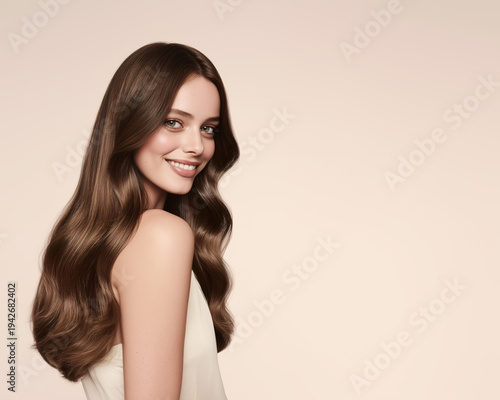 A beautiful young woman has smooth and curly hair