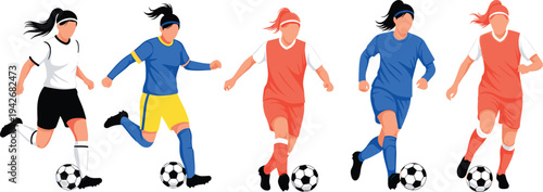 Female soccer players dribbling ball, colorful uniforms, dynamic sports illustration, teamwork concept, athletic women football art, competitive game action design