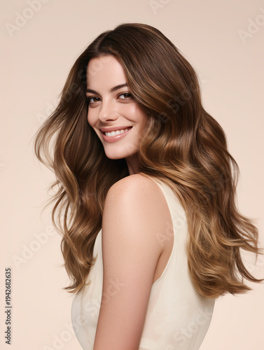 A beautiful young woman has smooth and curly hair