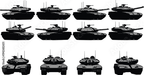 Military tank silhouettes, modern armored vehicles, defense technology illustration, war machines, combat equipment, army tanks, black silhouette design, weaponry art