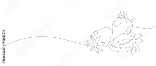Minimalist Continuous Single Line Art Illustration of Fresh Strawberries with Leaves, Editable stroke