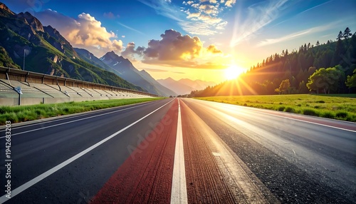 A scenic highway stretches ahead, guiding the viewer toward a brilliant sunrise. Majestic mountains flank the road under a vibrant sky