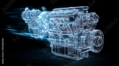 Futuristic wireframe hologram of a high performance internal combustion engine accelerating with motion blur effects on a dark background for engineering and automotive design concepts