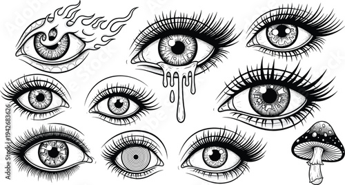 Surreal black and white eye illustration, psychedelic mushroom drawing, fantasy art concept, hypnotic spiral iris, dripping liquid surreal design