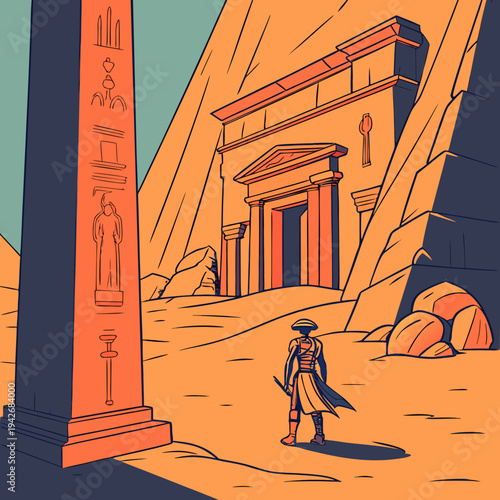 Ancient Egyptian landscape with pyramids temple houses palm trees and sunset on the beach