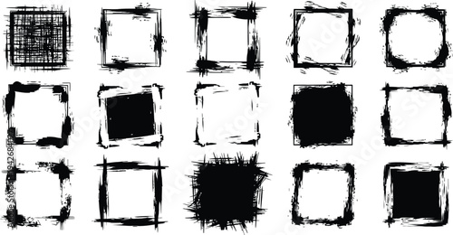 Grunge Square Borders Ink Brush Strokes Rough Frames for Design Illustration