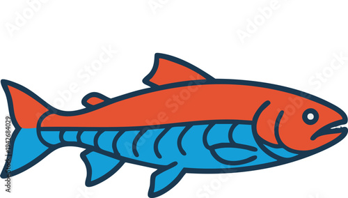 Red and blue salmon fish profile vector illustration with bold outlines and simple cartoon style for menu design