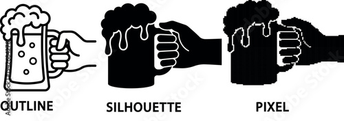 A stylized black silhouette and outline of a hand pouring beer into a mug on transparent background