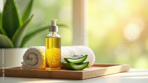 Summer wellness mockup with aloe vera plant, essential oil bottle and linen towel on wooden tray, bokeh soft warm bathroom background