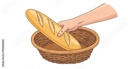 Freshly baked baguette in wicker basket.
