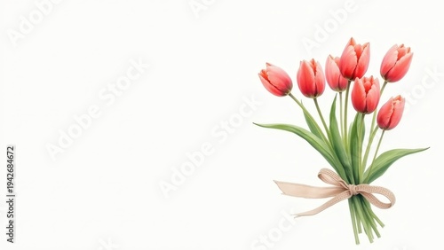 Spring mockup border with hand painted watercolor tulip bouquet tied with linen ribbon on white, bokeh soft white background