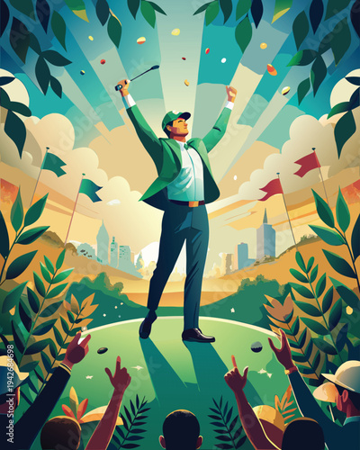 Masters Tournament Winner Arms Raised Golf Triumph Art