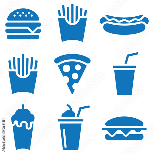 Assorted icons of popular fast food items and beverages