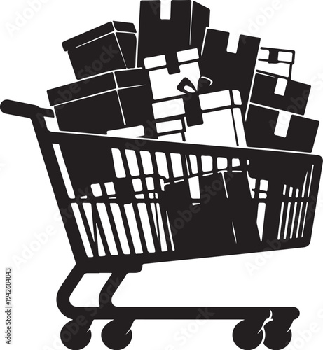 Shopping cart filled with many boxes and gifts inside