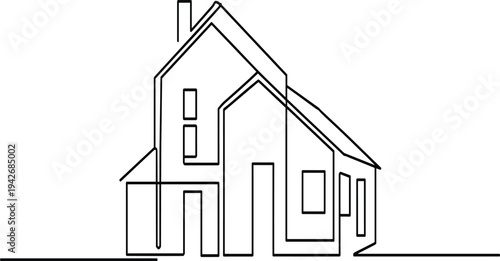 Continuous line drawing of a house with a chimney and windows on a white background home building