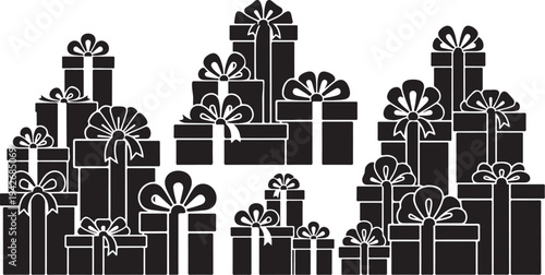 Black and white illustration of wrapped gift boxes stacked