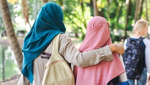 Fotografie Muslim women in hijabs, walk together in a park