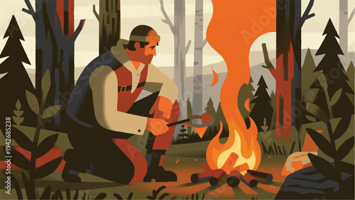 Illustration Of An Adventurer Crouching Down Lighting A Campfire In The Forest Vector Design Template