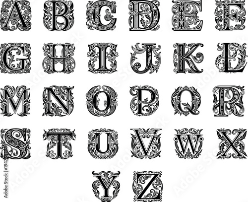 Floral alphabet vector set featuring elegant flower illustrations and circular yellow icons for creative web art and business sign design