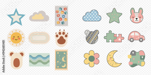 Set of cute baby nursery rugs and playmats in various shapes and patterns, perfect for children's room decor.