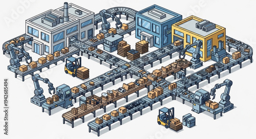 Futuristic Factory Assembly Line Production.