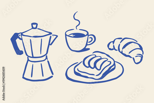 Coffee breakfast set naive hand drawn vector illustration
