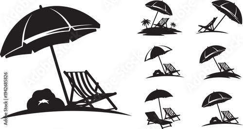 Beach scene with umbrella and chair silhouettes on sand