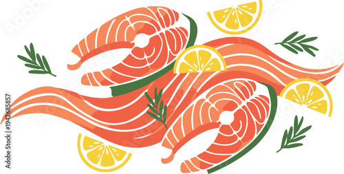 Abstract salmon steaks with lemon slices and rosemary, seafood culinary, cooking ingredients, fresh fish