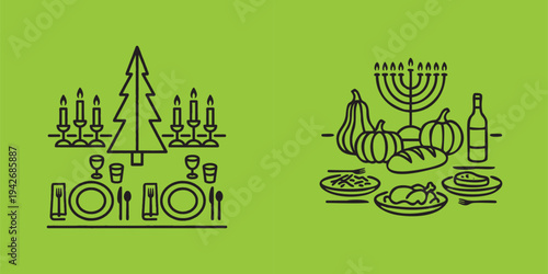 Holiday Season Dinner Table and Hanukkah Celebration Icons