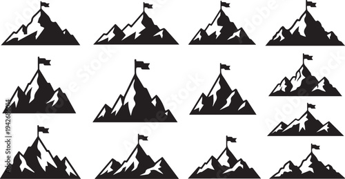 Mountain Peaks with Flags Illustration Set in Black and White