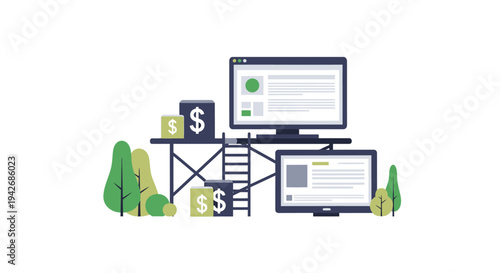 Digital marketing and online business growth with computer screens and money icons