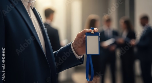 Closeup of a suited person holding a blank identification badge with a blue lanyard in a blurred office background
