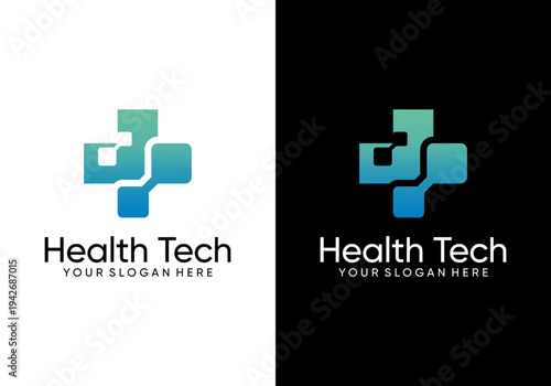 Technology health logo design template. Medical logo with health cross and technology molecules in vector logo design.