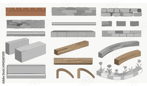 Landscape Path Edging CAD Vector Set Brick Stone Metal Border Elements Illustration