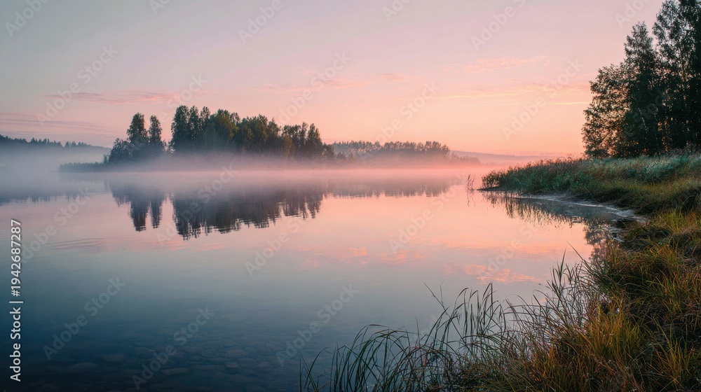 Fototapeta premium Early Morning Mist Over a Still Lake with Calm Reflections