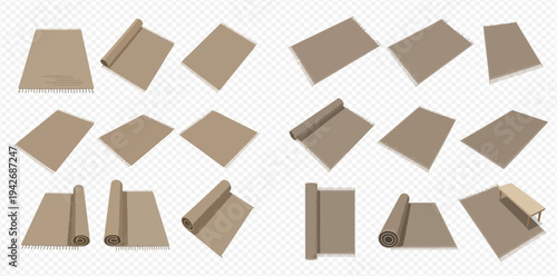 Set of brown paper sheets and rolled-up craft paper in various angles and arrangements on a transparent background.